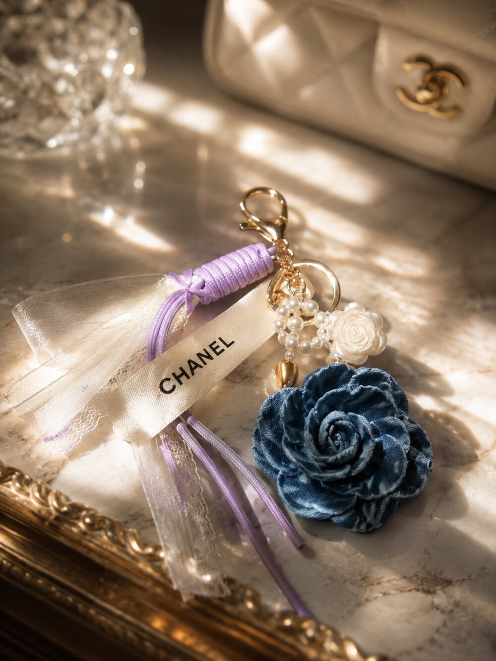 CHANEL Blue Floral Keychain & Card Holder Charm